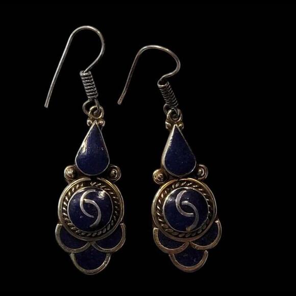 New Handmade Tibetan Earrings- Lapis and Tibetan Silver - Picture 2 of 5